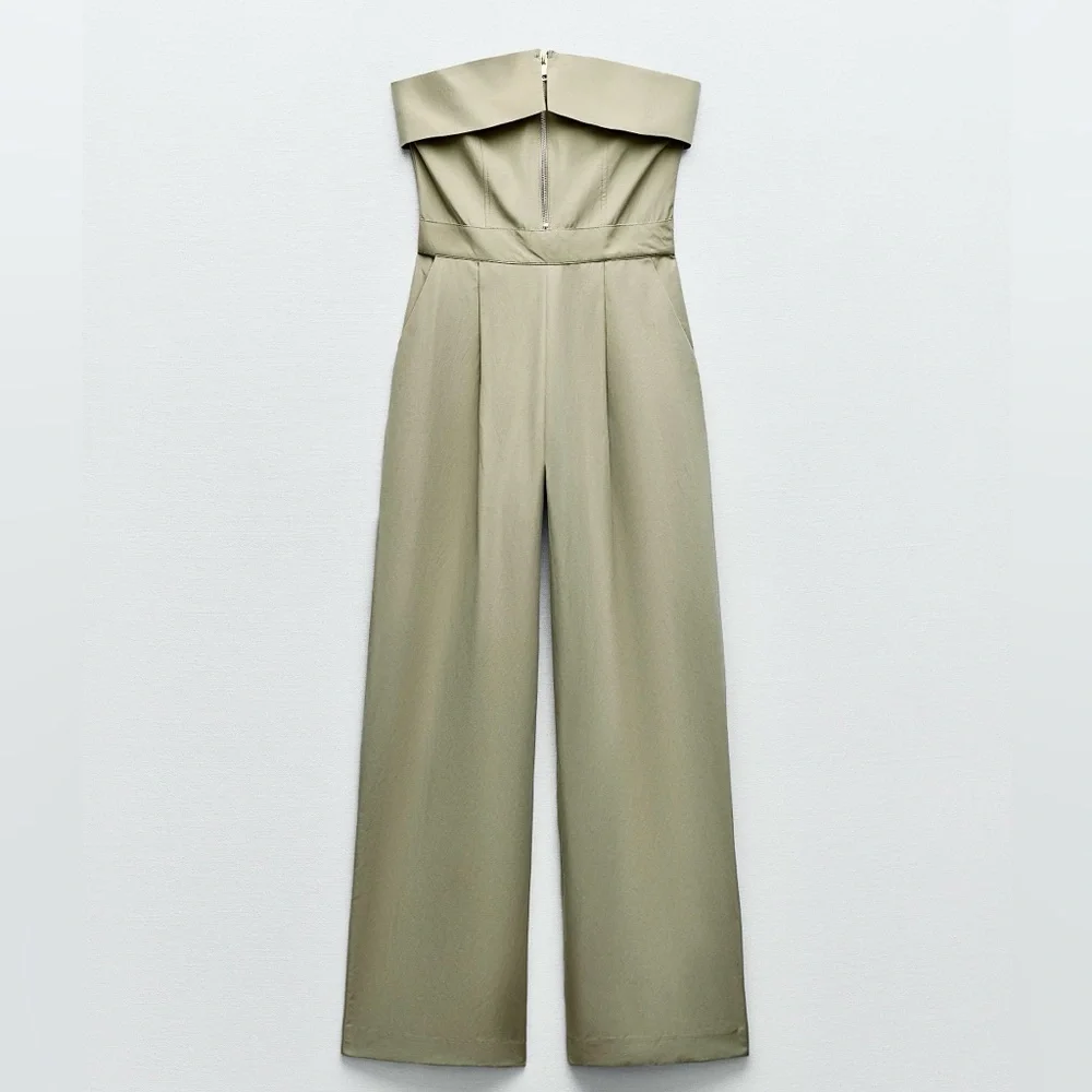 Zara NWT pale olive green zipper front foldover strapless bandeau tube jumpsuit - Picture 12 of 17
